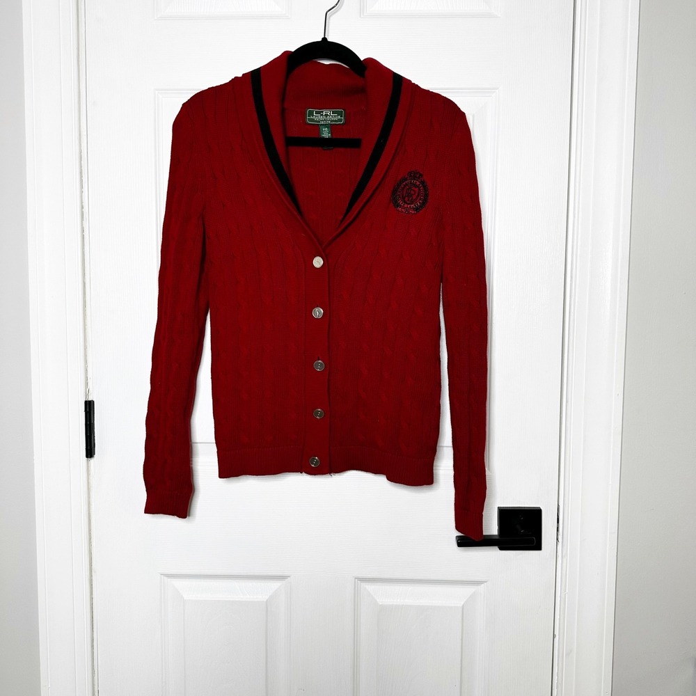 LRL Lauren Active Red Cable Knit Shawl Collar Cardigan Petite PXS Collegiate
